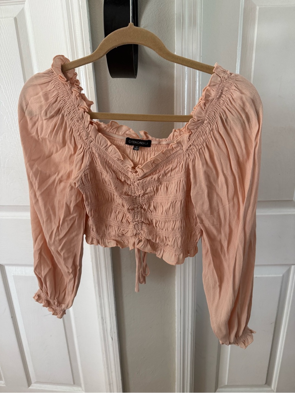 COTTON ON Peach Ruched Tie-Front Peasant Crop Top